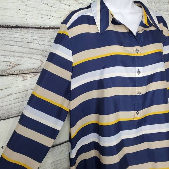 Ann Taylor Women’s Striped Button Front Blouse Navy Beige Yellow XL - Picture 3 of 9